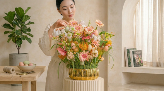 Woman arranging a pastel Easter floral arrangement in a gold vase, featuring soft peach and pink blooms with decorative eggs, set in a bright, neutral interior.