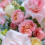 Close-up of a bouquet of pink and white roses with greenery.