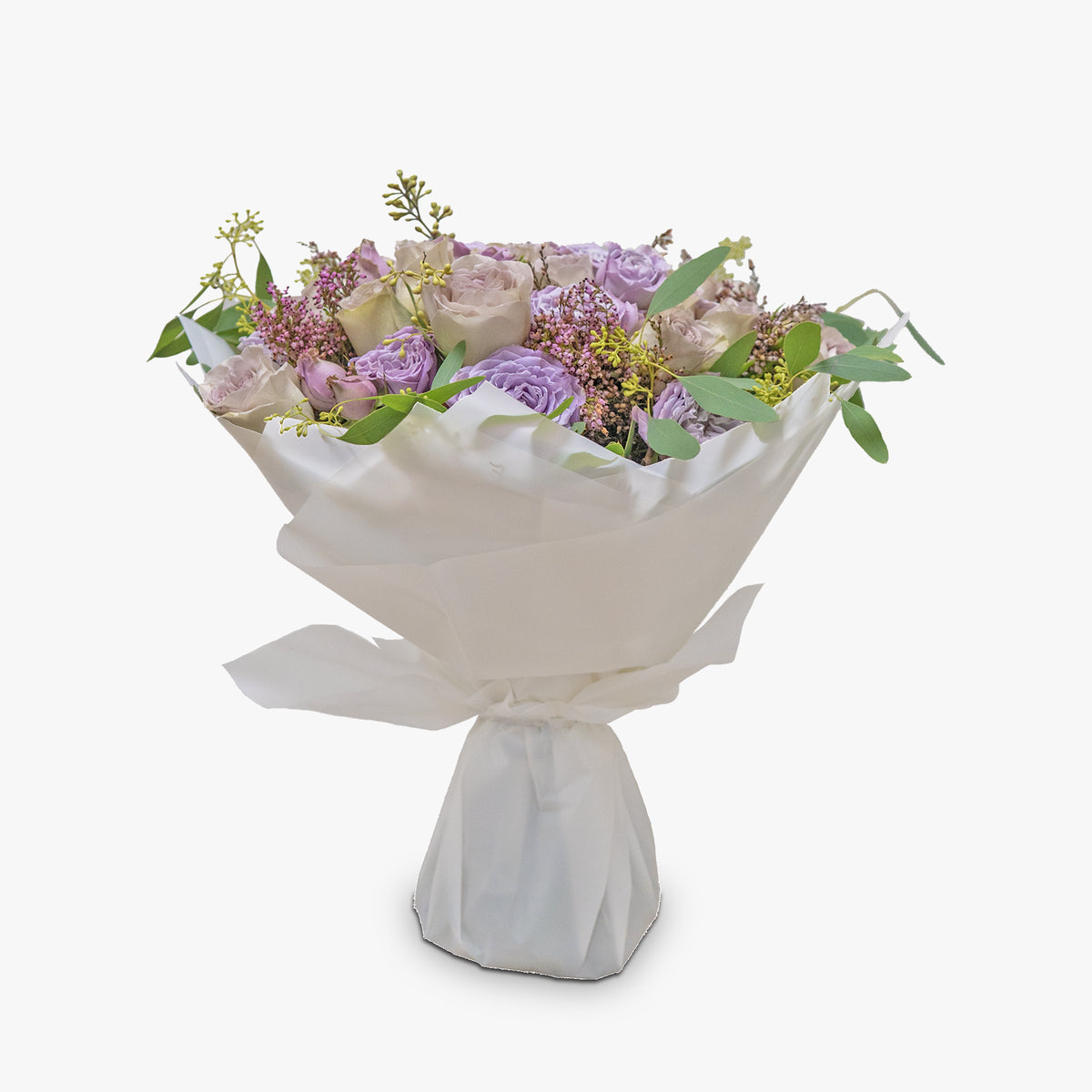 Bouquet of flowers wrapped in white paper on a white background