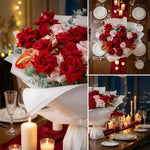 Collage of red and pink flower bouquets on a table with candles and plates.