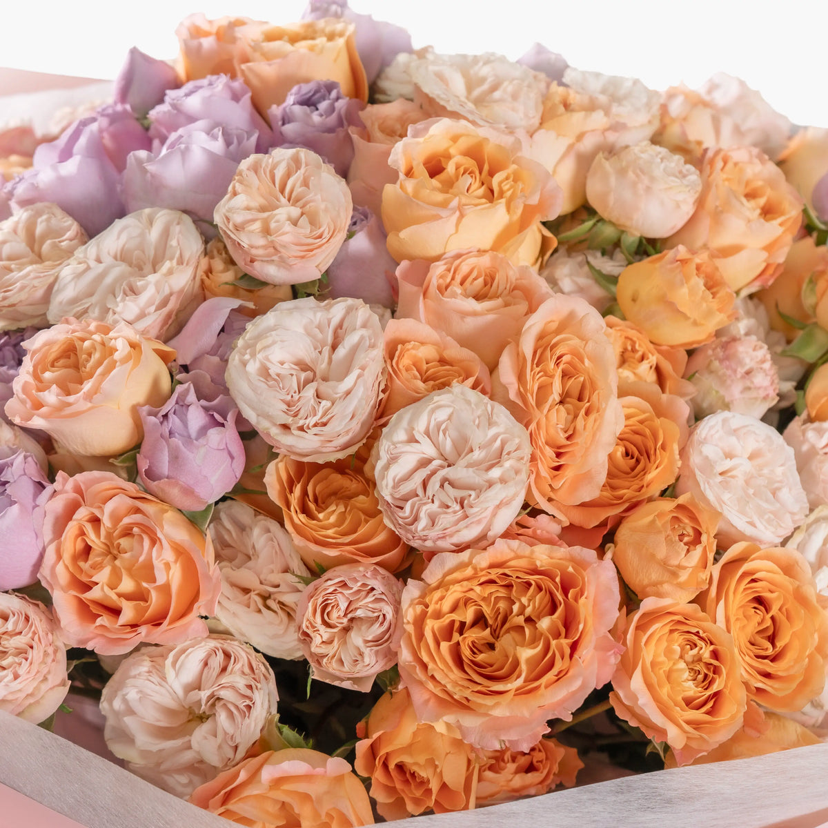 Close-up of a bouquet of pastel-colored roses in a box.