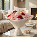 Bouquet of pink and red flowers on a marble table with a fireplace in the background