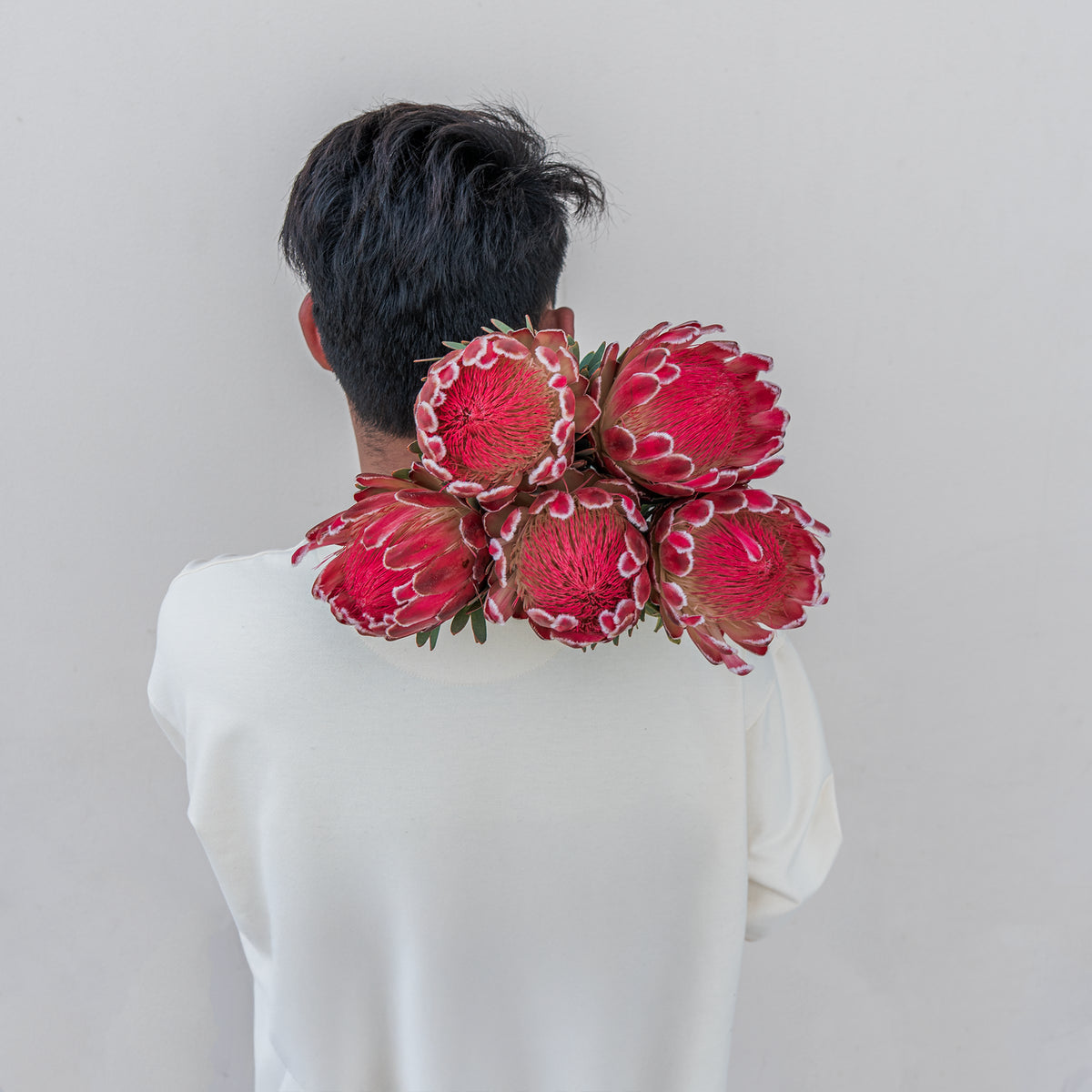 Person wearing a large red flower arrangement on their back against a plain background