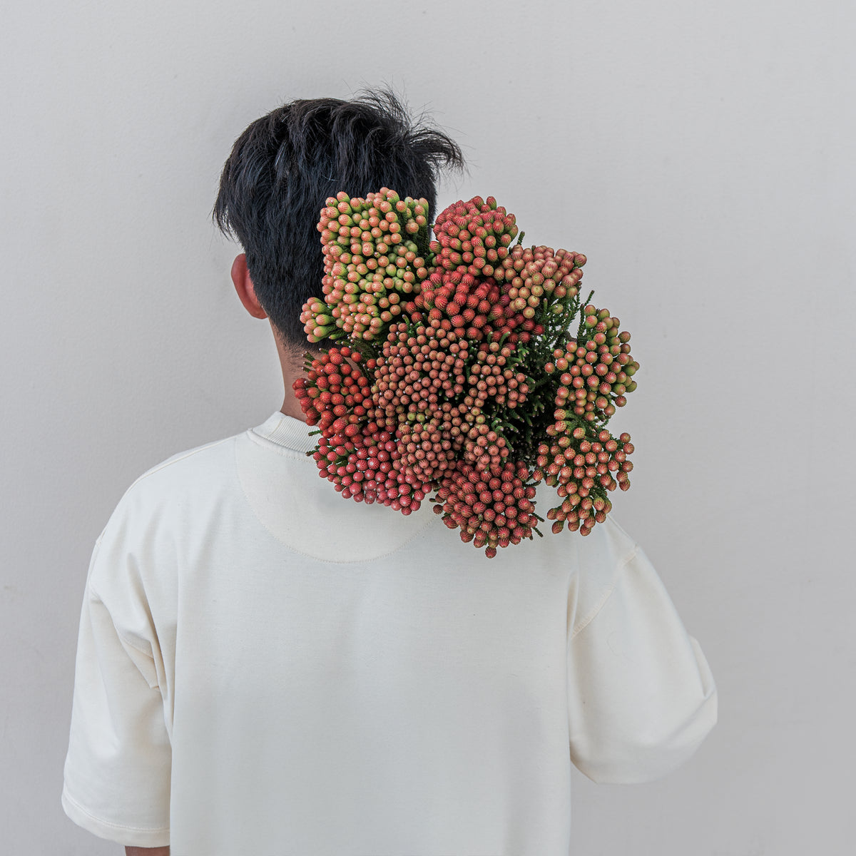 Person wearing a white shirt with a large cluster of berries on their head against a plain background