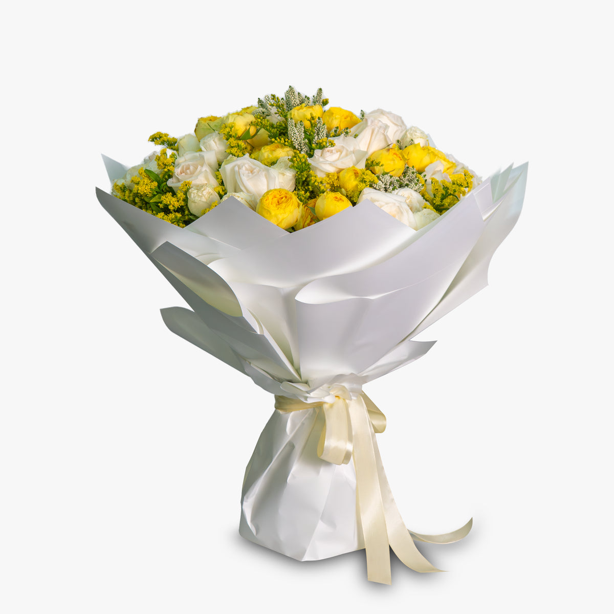 Bouquet of yellow and white flowers wrapped in white paper with a ribbon on a white background