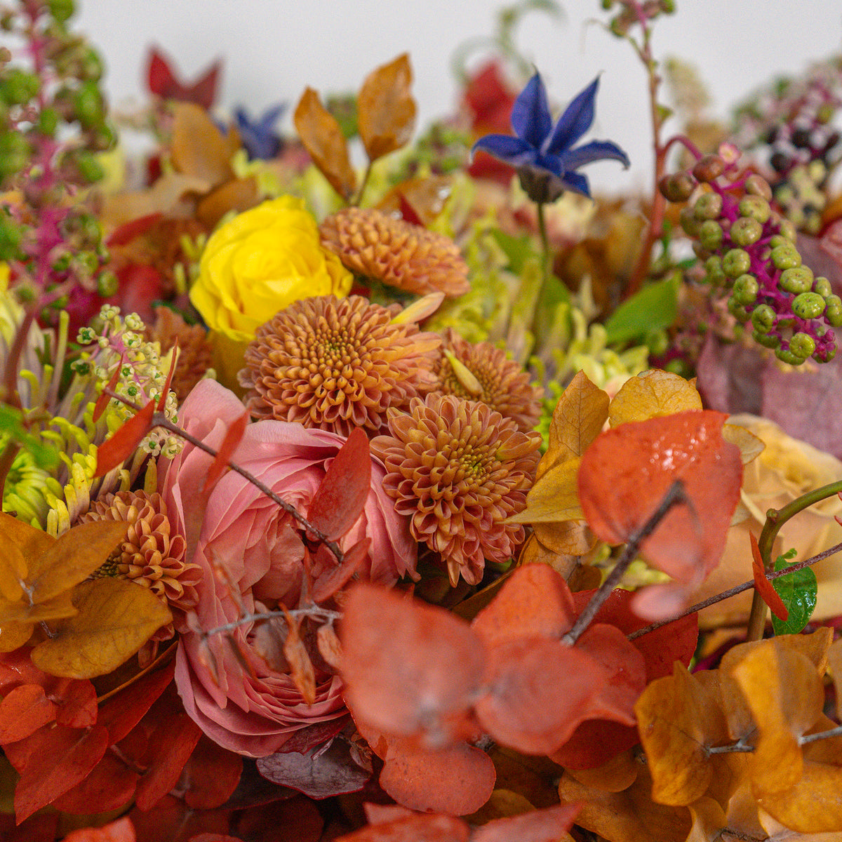 Bouquet of colorful flowers with a focus on autumnal tones.