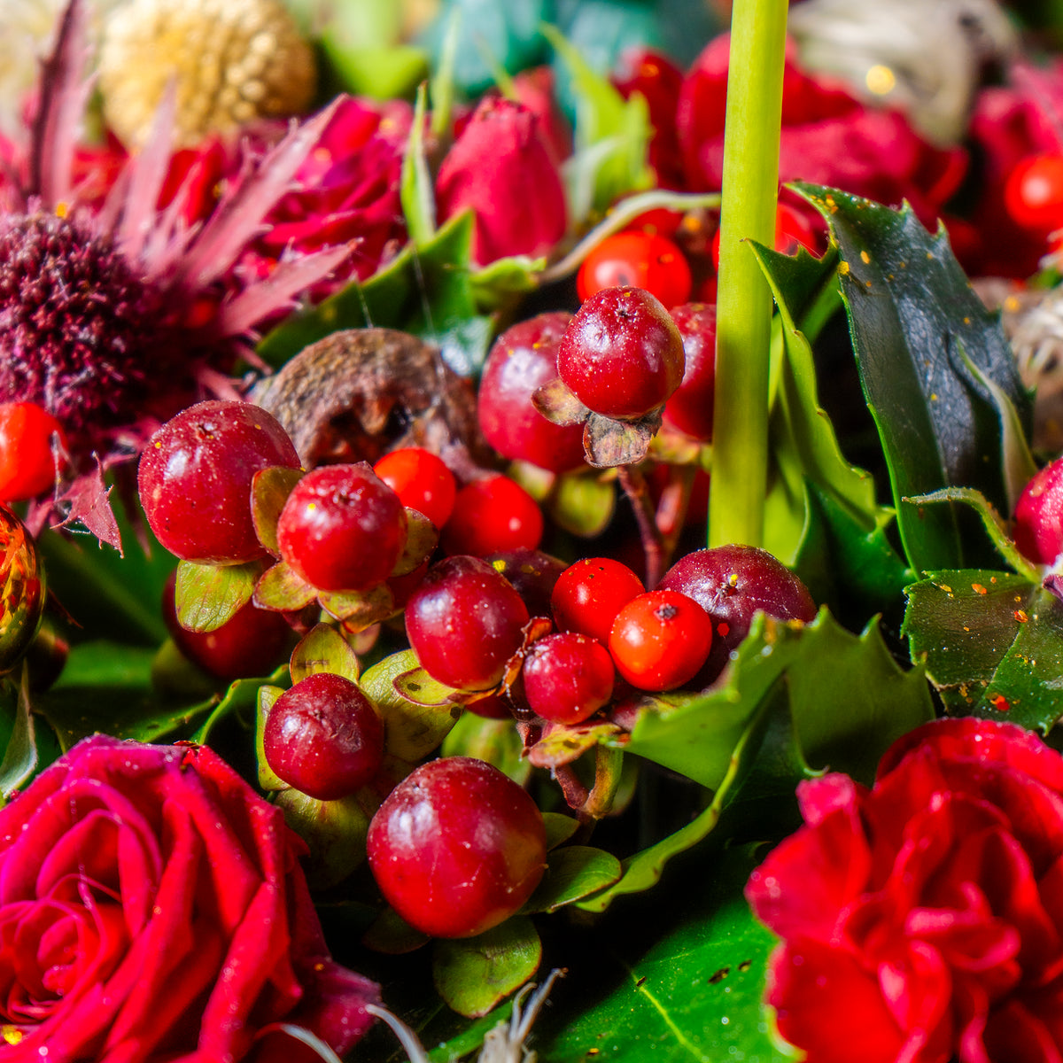 Close-up of a bouquet with red roses and berries