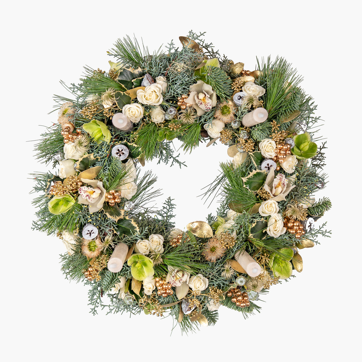 Decorative wreath with greenery, flowers, and ornaments on a white background