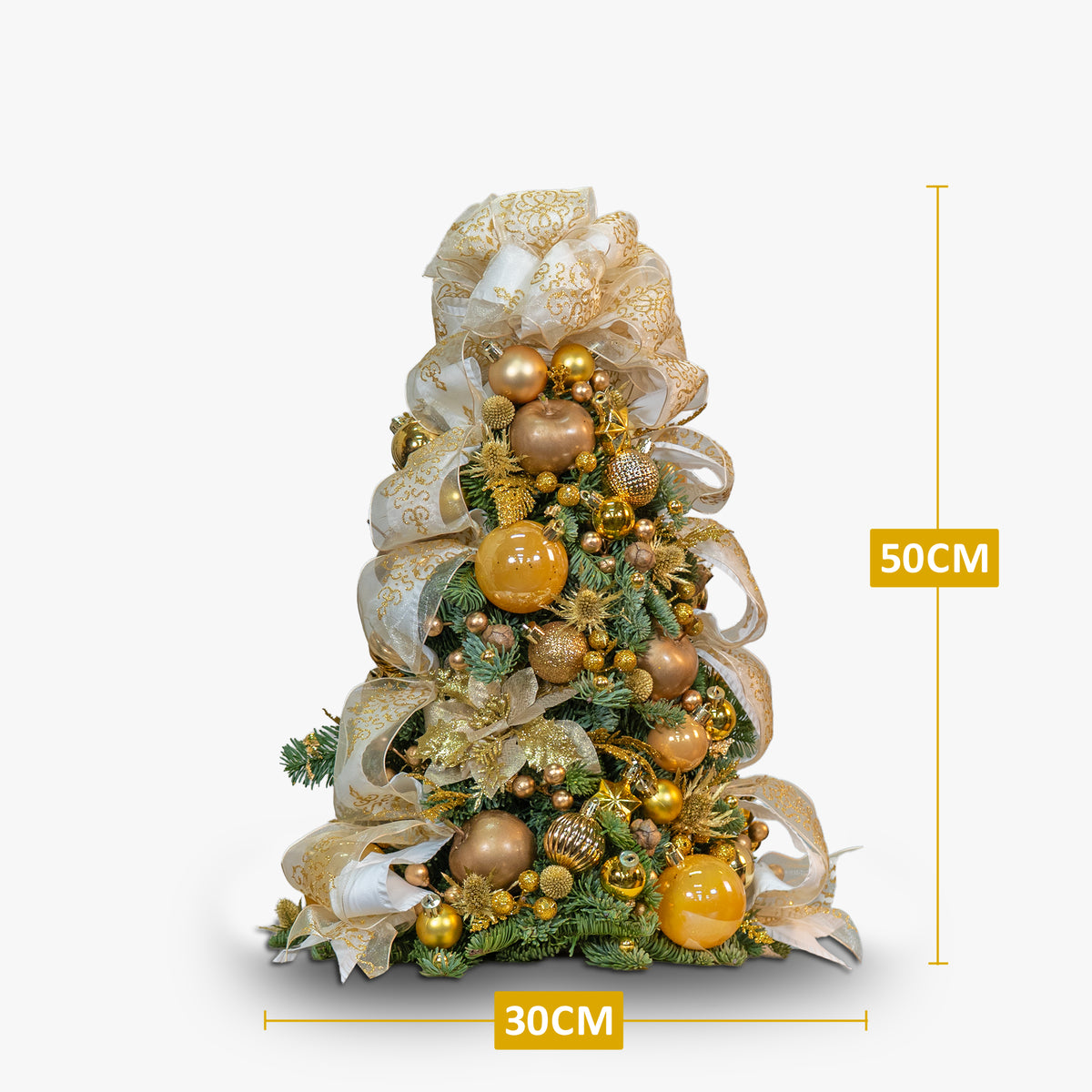 Decorative Christmas tree with gold and white ornaments on a white background