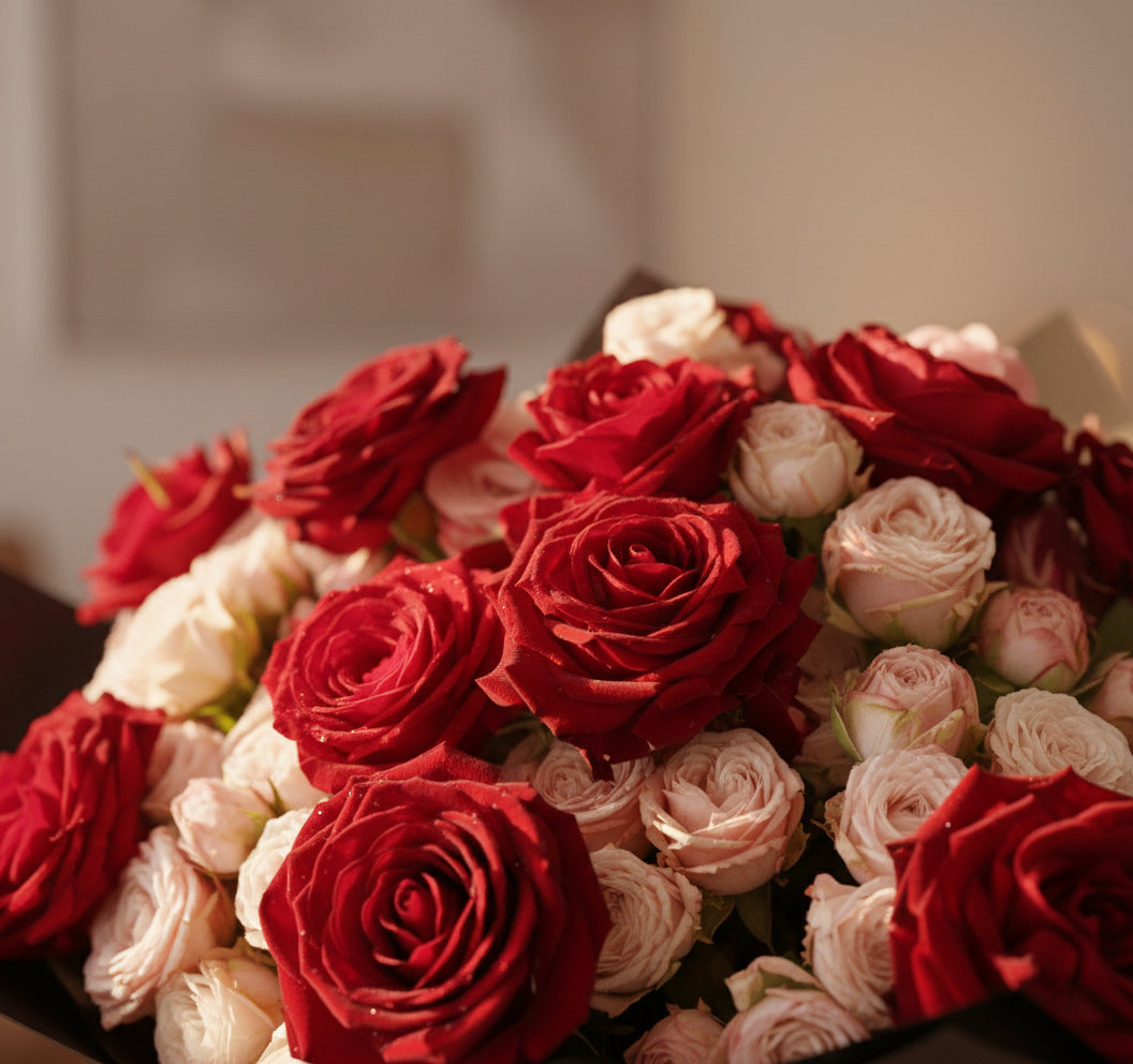 Bouquet of red and pink roses with a blurred background