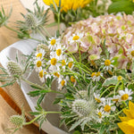 Bouquet of flowers with white and yellow daisies, greenery, and pink hydrangeas on a wooden surface.