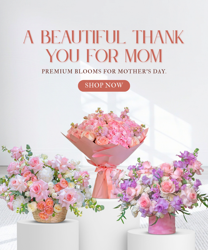 Floral arrangements with a promotional message for Mother's Day on a white background