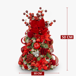 Decorative Christmas tree with red ornaments and measurements on a white background