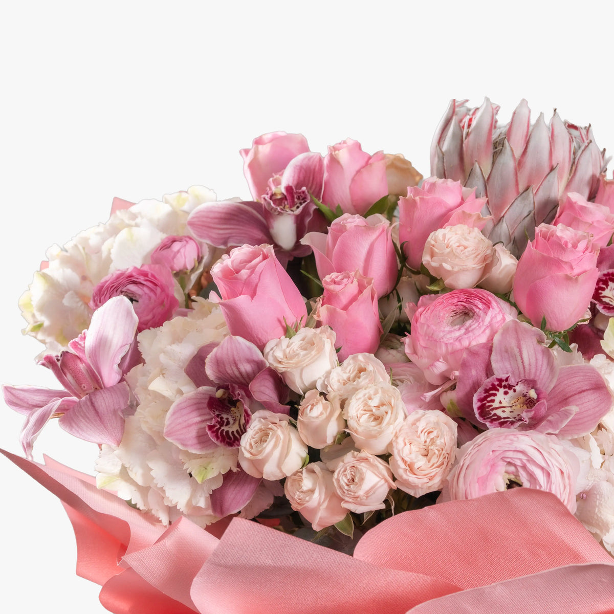 Bouquet of pink and white flowers with a white background