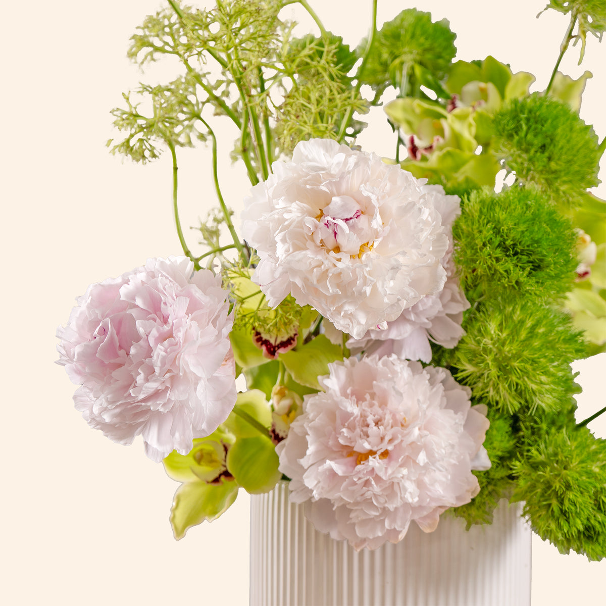 Bouquet of white and pink flowers with greenery in a white vase on a light background