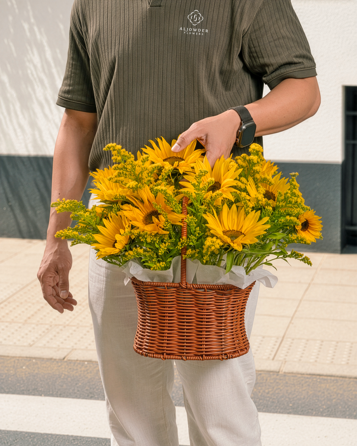 Person holding a basket of sunflowers on a street