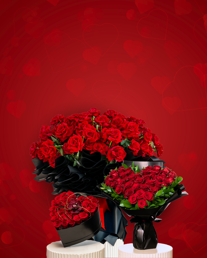 Luxury Valentine’s Day red rose arrangements featuring premium bouquets and heart-shaped rose box, perfect for romantic gifting with same-day flower delivery in Dubai and Sharjah.