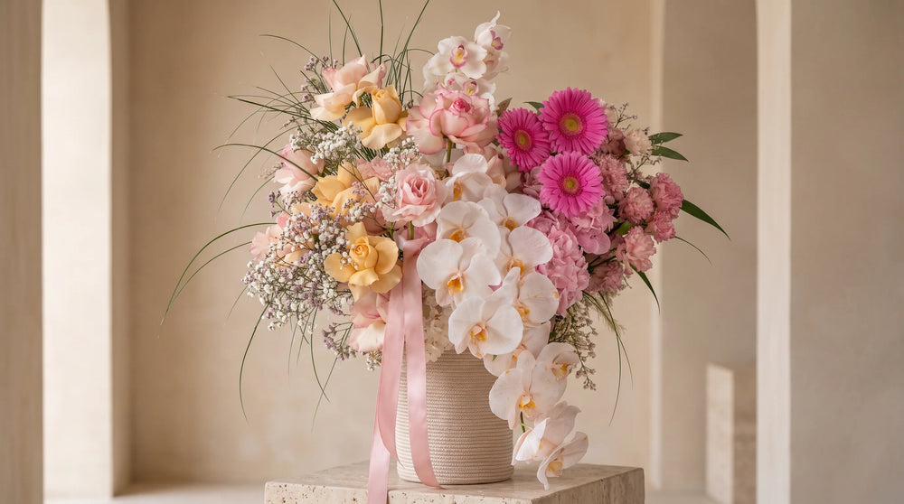 Pink floral arrangement for Breast Cancer Awareness Month in Dubai.