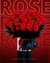 Bouquet of red roses with a red background featuring the word 'ROSE'.