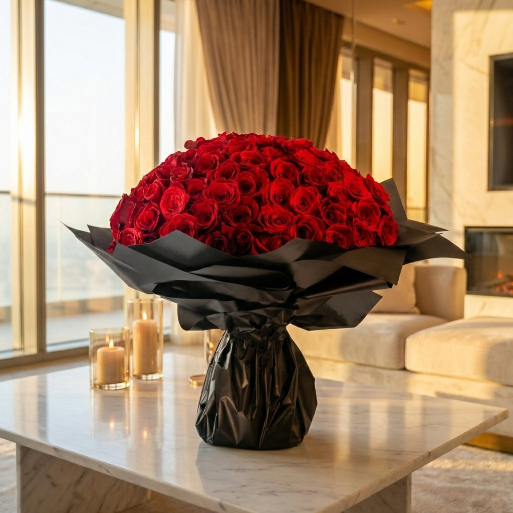 Bouquet of red roses wrapped in black paper on a marble table in a luxurious room.