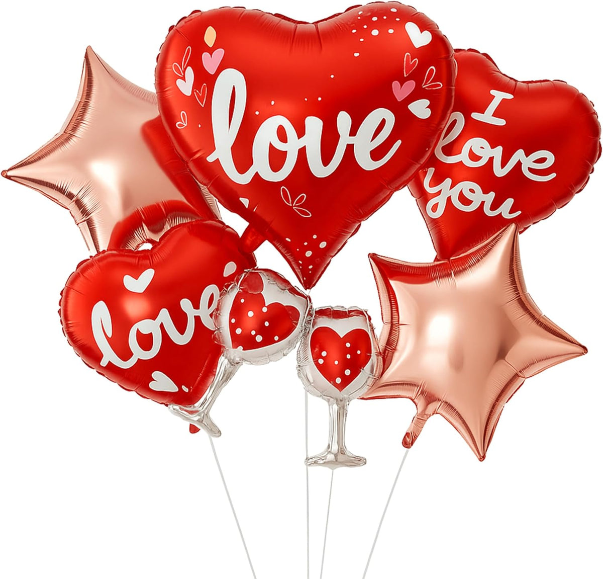 Valentine's Day-themed balloons with 'love' and 'I love you' text on a white background.