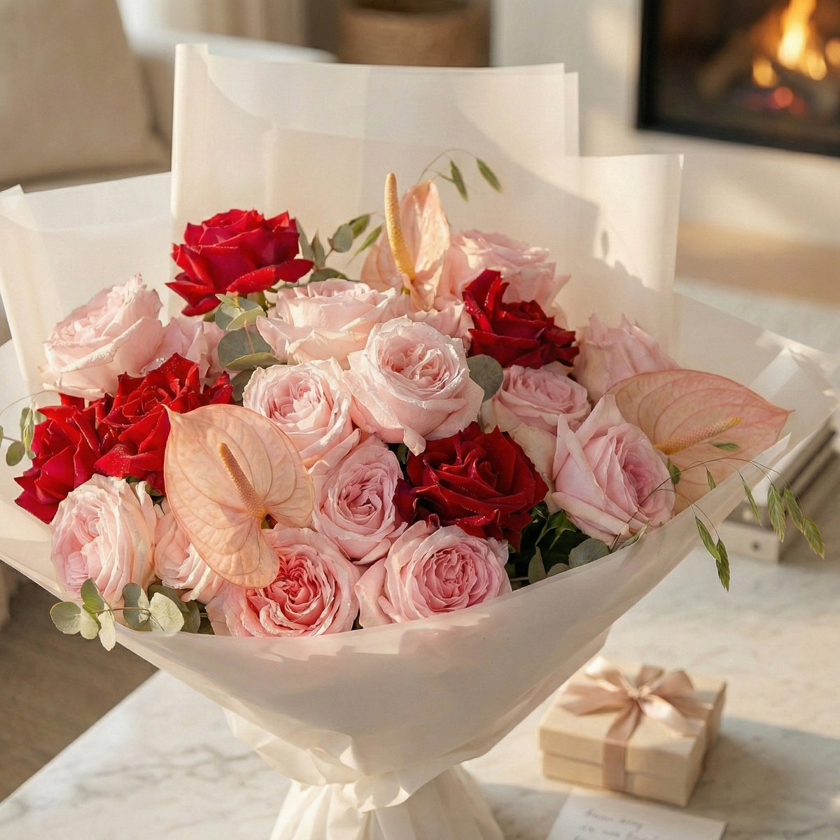 Bouquet of pink and red roses with anthuriums in white paper wrap on a marble surface.