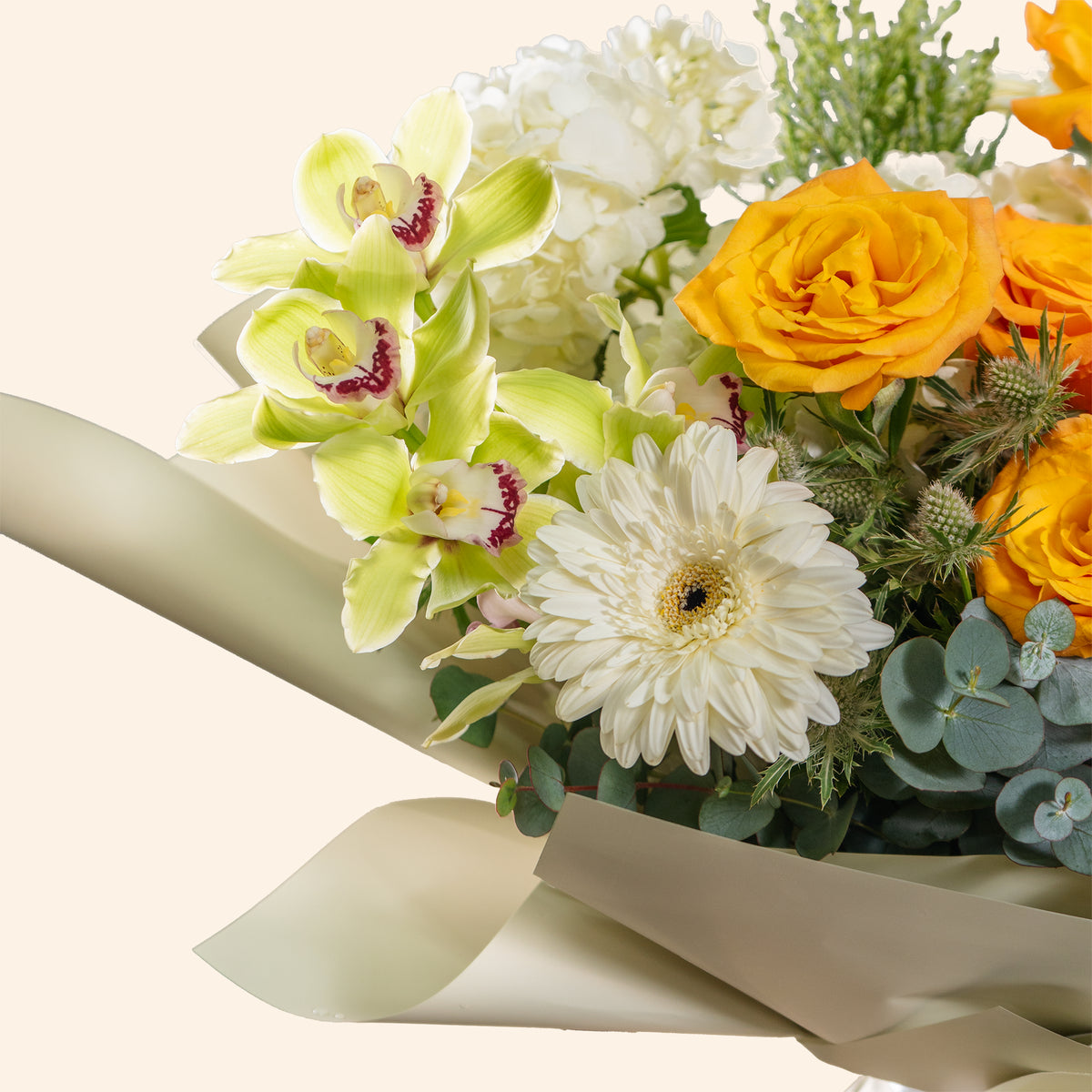 Bouquet of flowers with yellow roses, white daisies, and greenery on a light background
