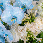 Bouquet of blue orchids and white roses with greenery