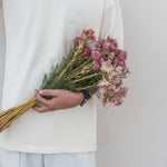Person holding a bouquet of flowers against a plain background