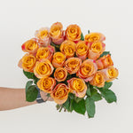 Bouquet of orange and pink roses held by a person against a white background