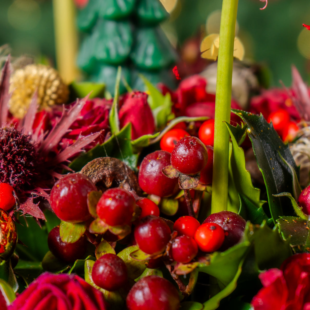 Close-up of a bouquet with red berries and green leaves against a blurred natural background