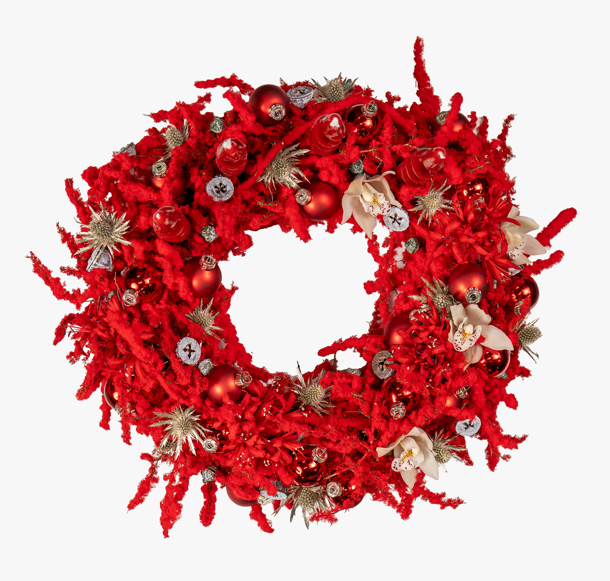 Red decorative wreath with ornaments on a white background