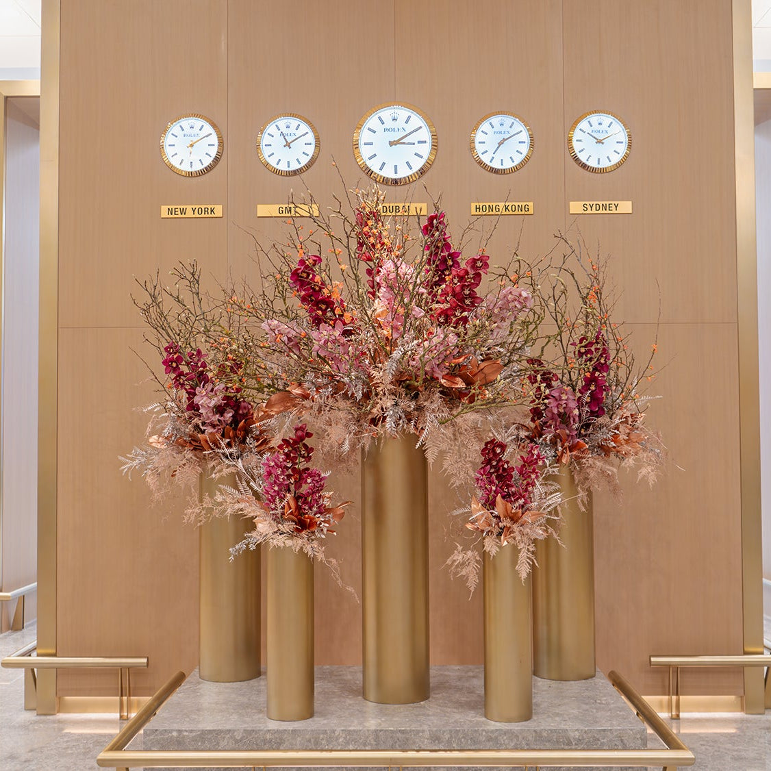 A luxury floral installation in a hotel lobby