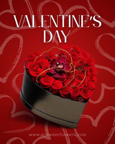 Valentine's Day flower arrangement in a black box with red roses on a red background, featuring the text 'Valentine's Day' and a website URL.