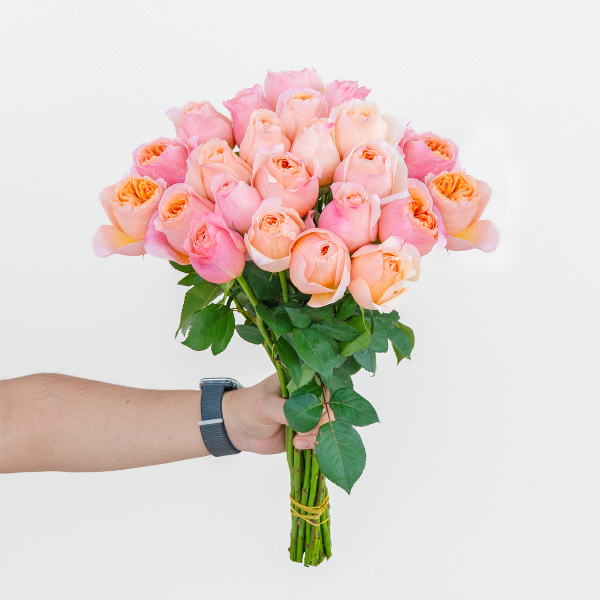 Bouquet of pink and peach roses held by a person against a white background