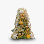 Decorative Christmas tree with gold ornaments and ribbons on a white background