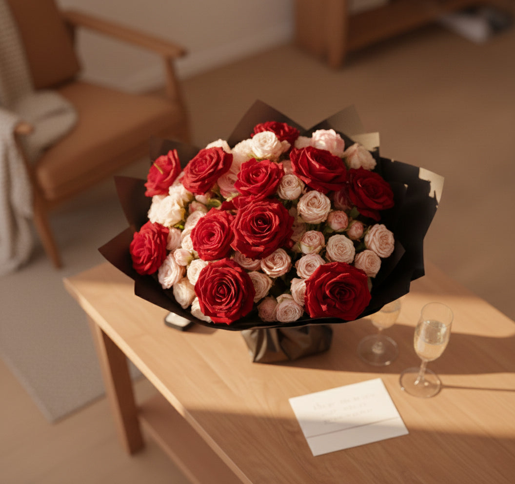 Bouquet of red and light pink spray roses on a wooden table with a glass of wine and card in a softly lit room.