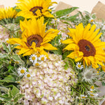 Bouquet of yellow sunflowers and other flowers with a white background