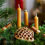 Decorative arrangement with candles, cinnamon sticks, and a lotus seed pod on a blurred background
