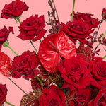 Bouquet of red roses with red anthuriums on a pink background