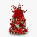 Decorative Christmas tree with red ornaments and ribbons on a white background
