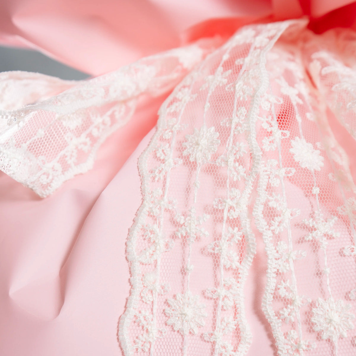 Close-up of pink lace fabric with a soft focus background