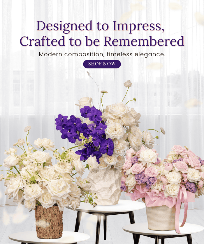 Floral arrangements on small tables with a 'Shop Now' button and text about design and craftsmanship.